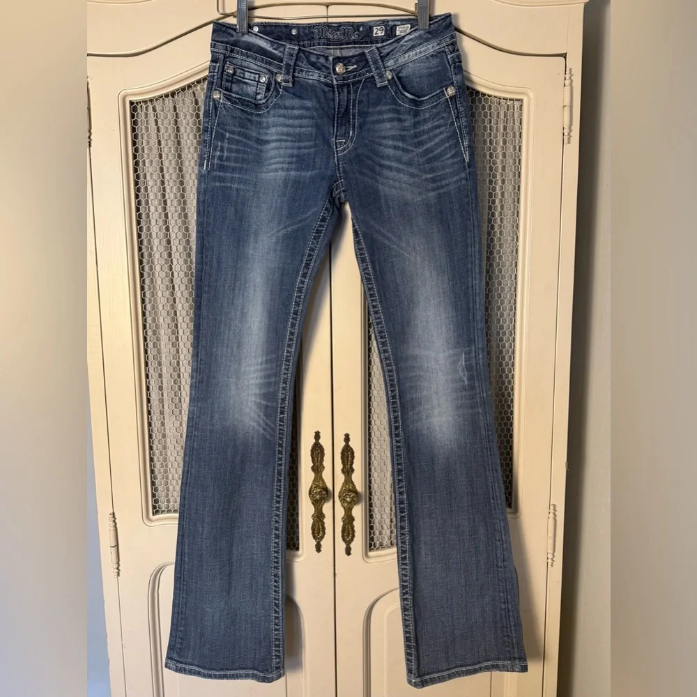 Miss Me Crystal Embellished Fleur-De-Lis Bootcut Mid Rise Jeans - Picture 1 of 8